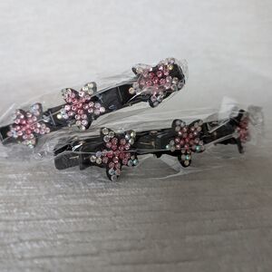 Hair Clips 2 PCs Blank Clips With Mini Clips Built-in Pink Rhinestone Floral New